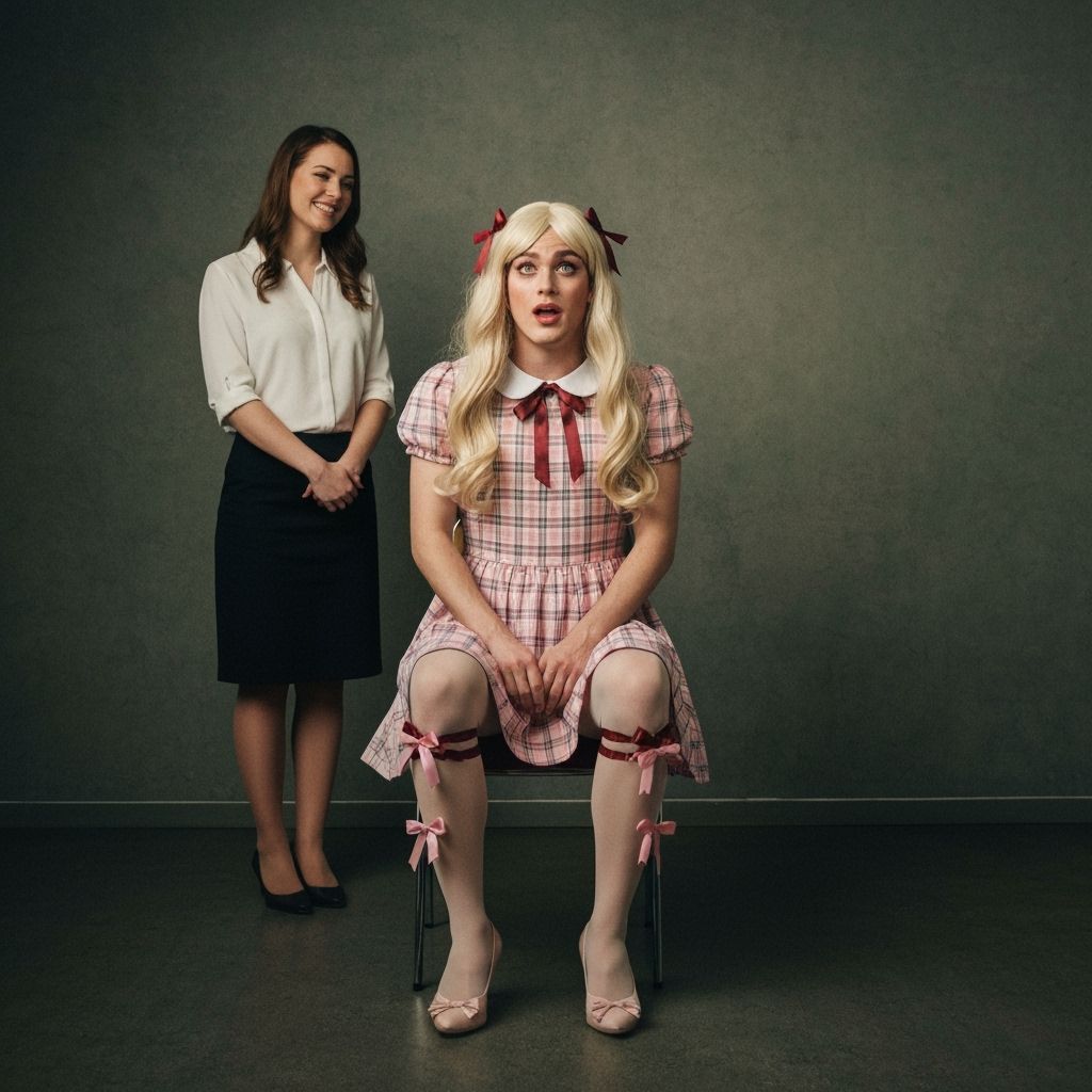 Young Man in Blonde Wig and Plaid Dress with Principal