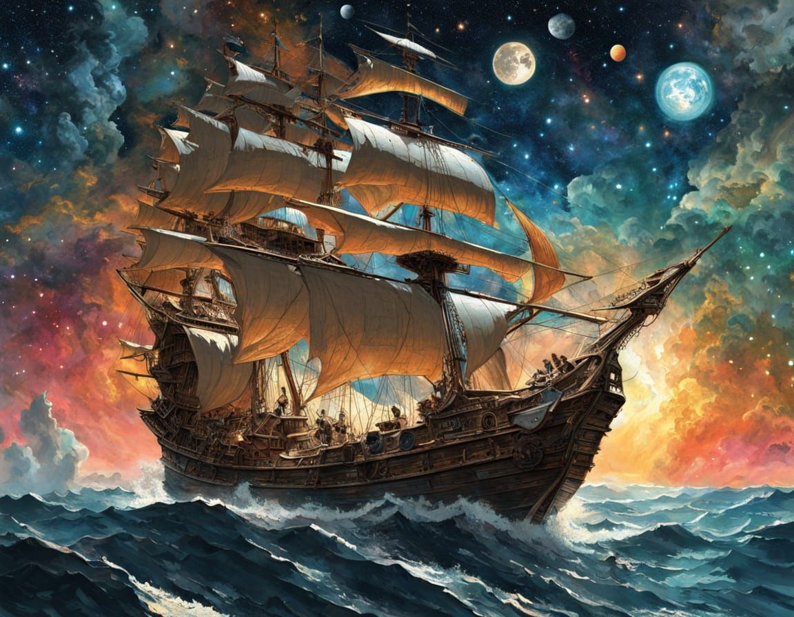Surreal Medieval Ship Sails Through Cosmic Skies
