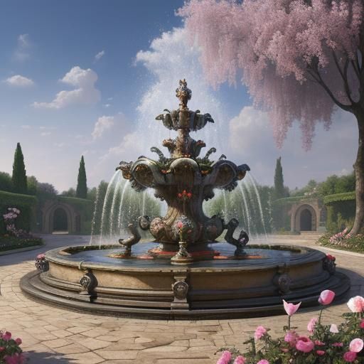 Baroque Fountain in Flowering Garden, Digital Art