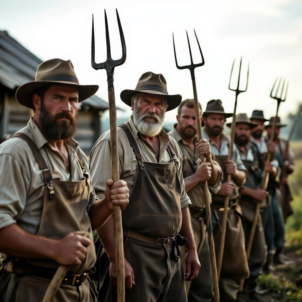 Surly Farmhands Led by Strong Man, Cinematic Film Still