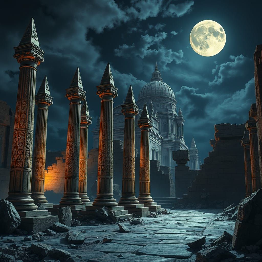 Ancient Temple Ruins Under the Light of a Full Moon