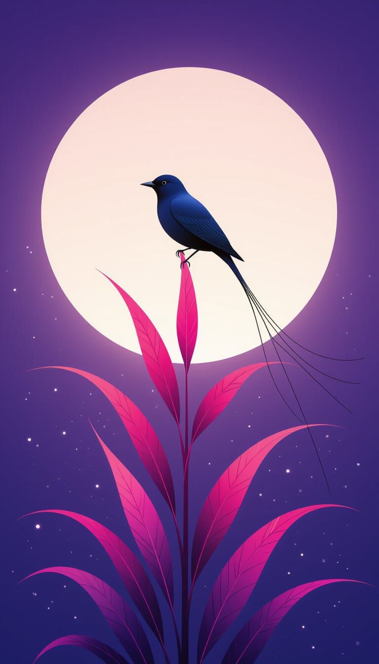 Minimalist Navy Bird on Red Plant, Surreal Gradient