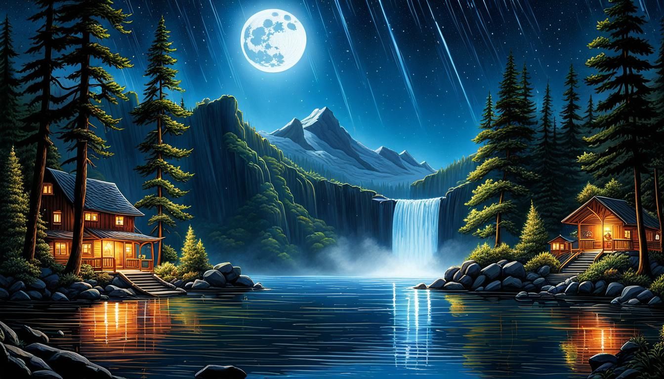 Sparkling Rain Shower Over Mountain Lake Waterfalls