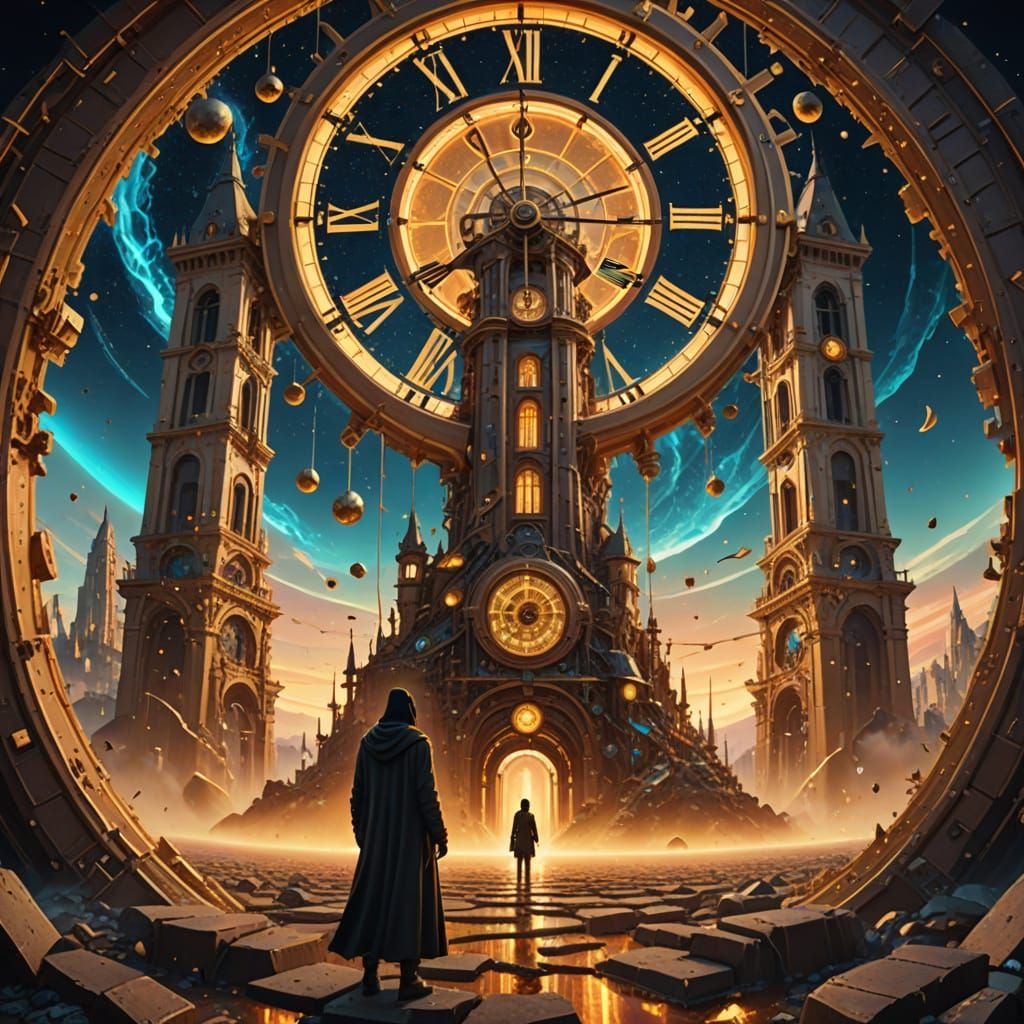 Timeless Surrealism: A Shattered Clock Tower in Steampunk Sc...