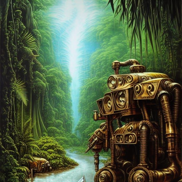 Epic Jungle River with Steampunk Mechs in Ink Painting