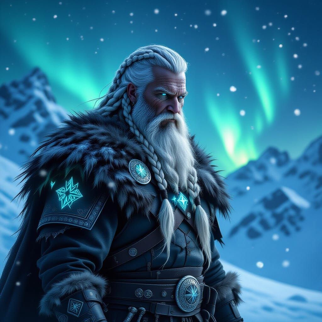 Viking Warrior on Frozen Peak in Dark Fantasy Style
