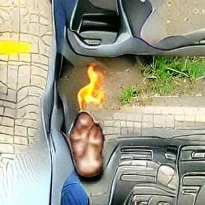 Surreal Car Scene: A Foot Ablaze