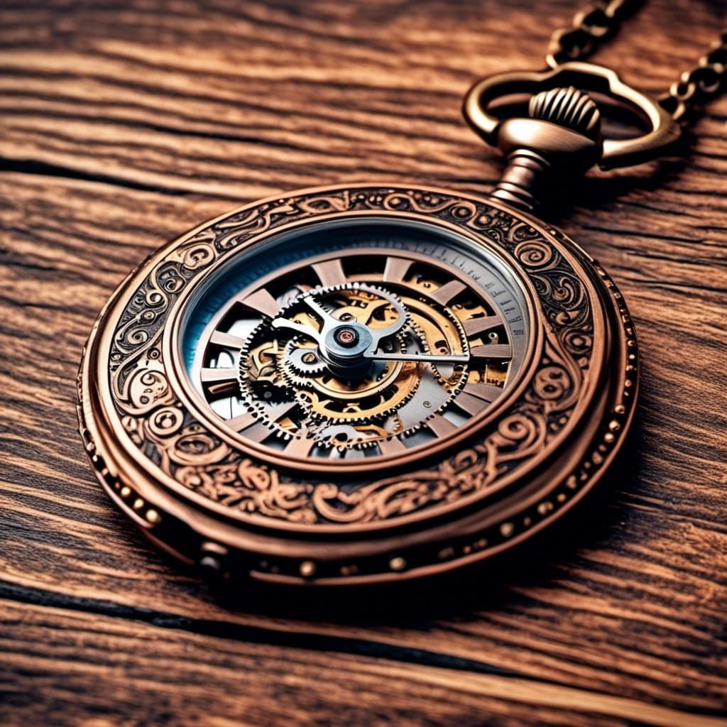 Steampunk Engraved Pocket Watch on Wood Plank