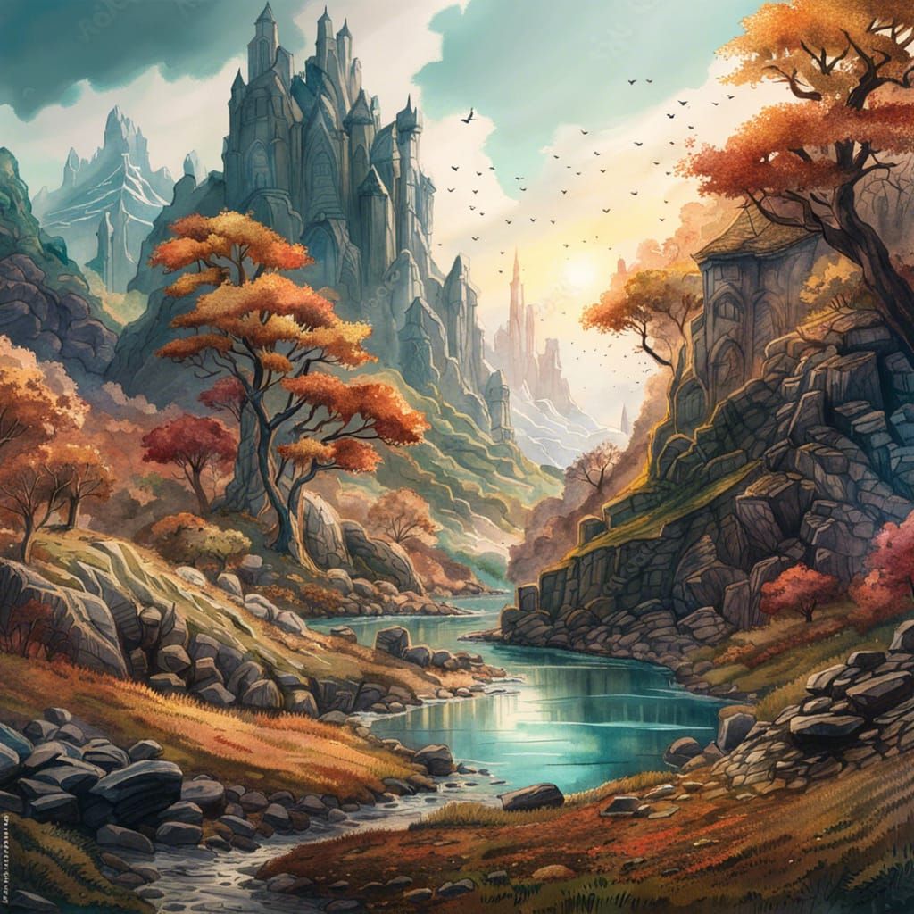 Detailed Fantasy Landscape in Watercolor and Ink
