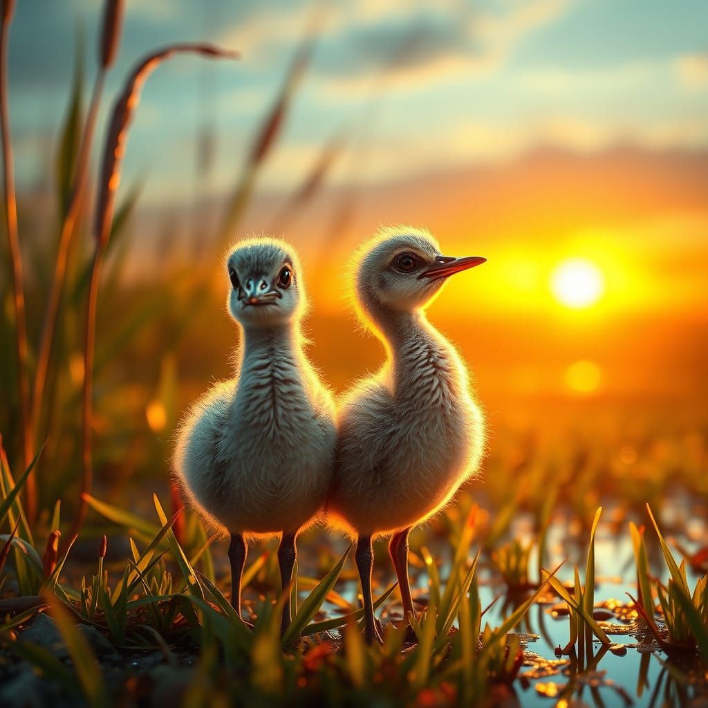 Serene Morning in Vibrant Marshland, Baby Sandhill Cranes in...