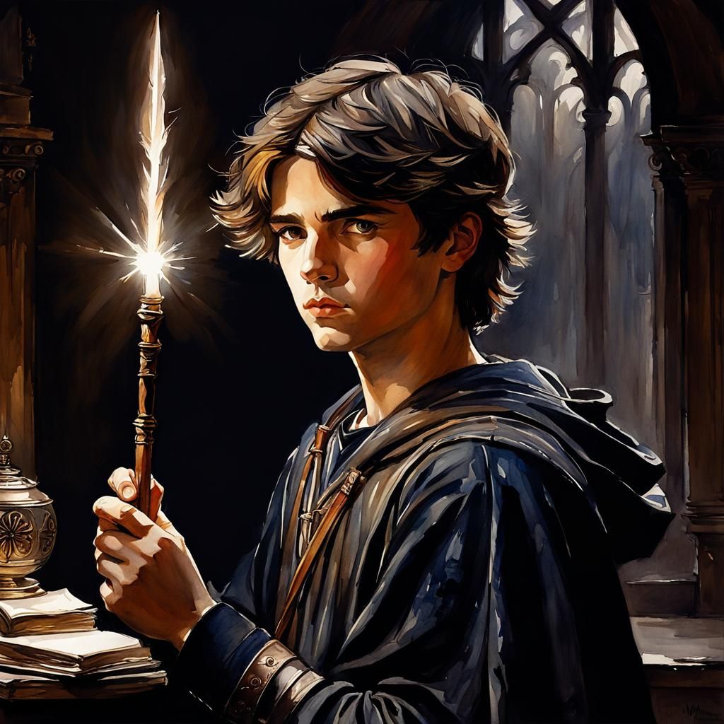 Mystic Boy Wields Light in Chiaroscuro Watercolor