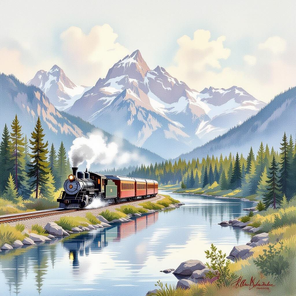 Train by River with Mountains: Ethereal Watercolour Painting