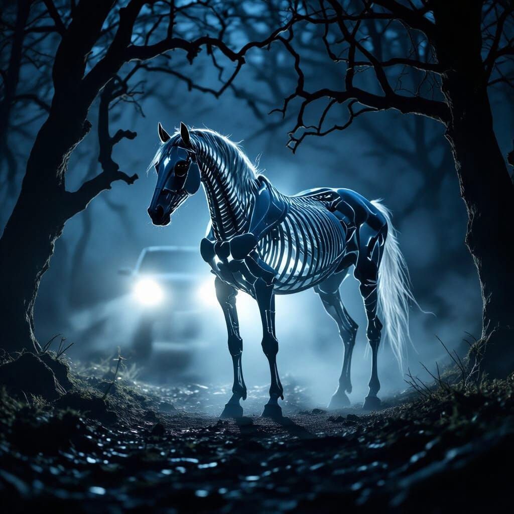 Ethereal Skeleton Horse in Haunted Forest Night