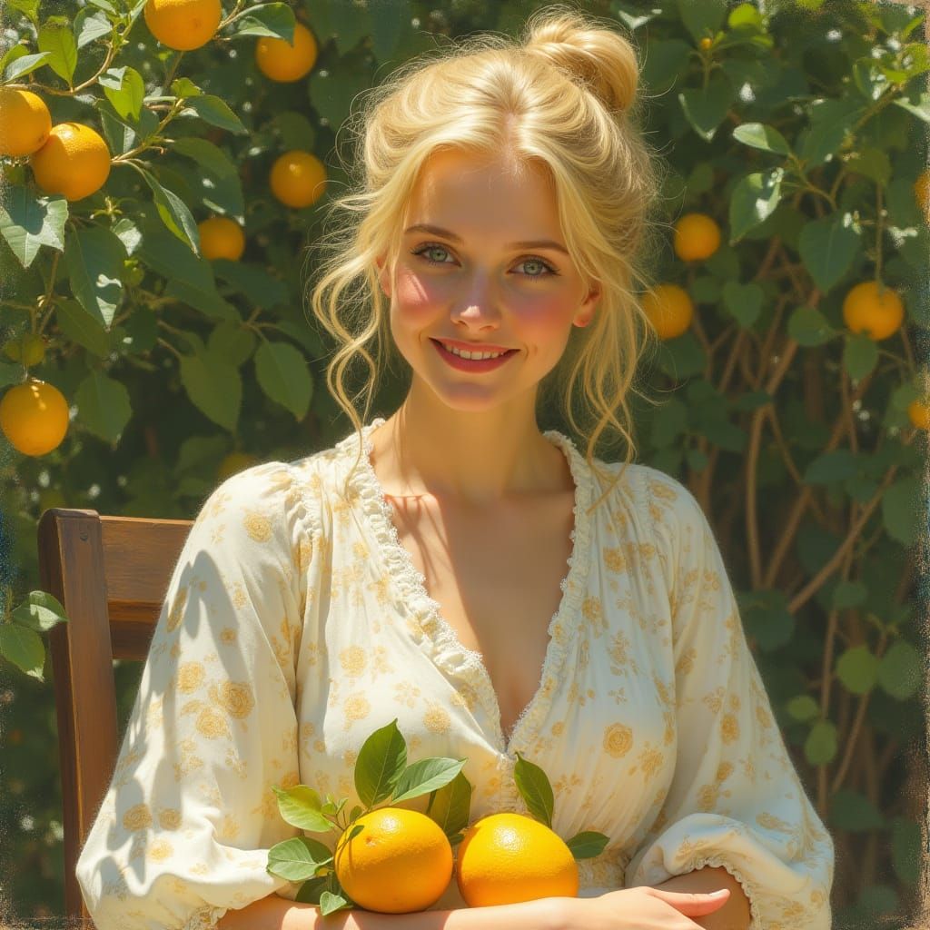 Woman in Garden with Lemons, Impressionistic Style