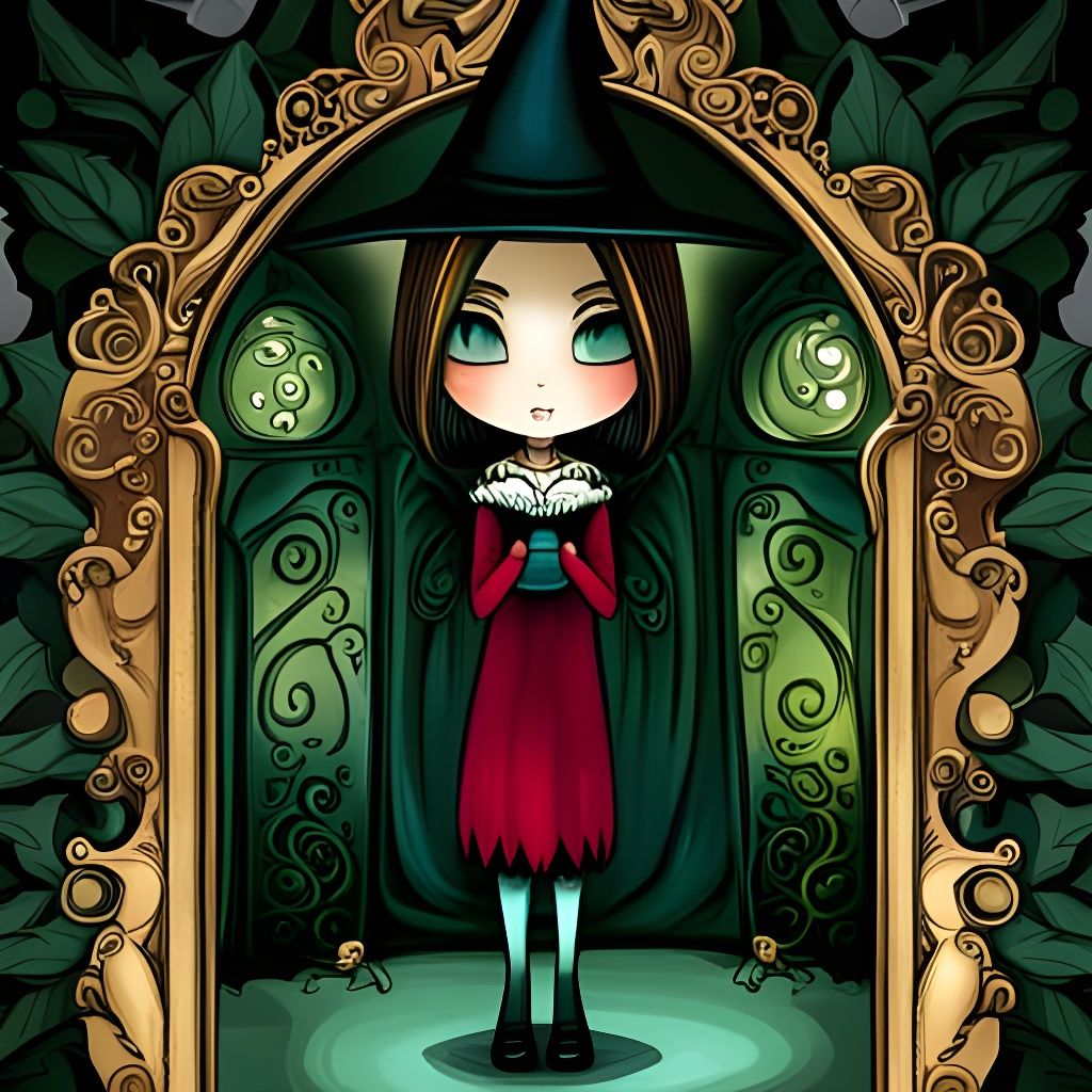 Magic Mirror Reflecting Gothic Chibi Witch in Lovecraft Styl...