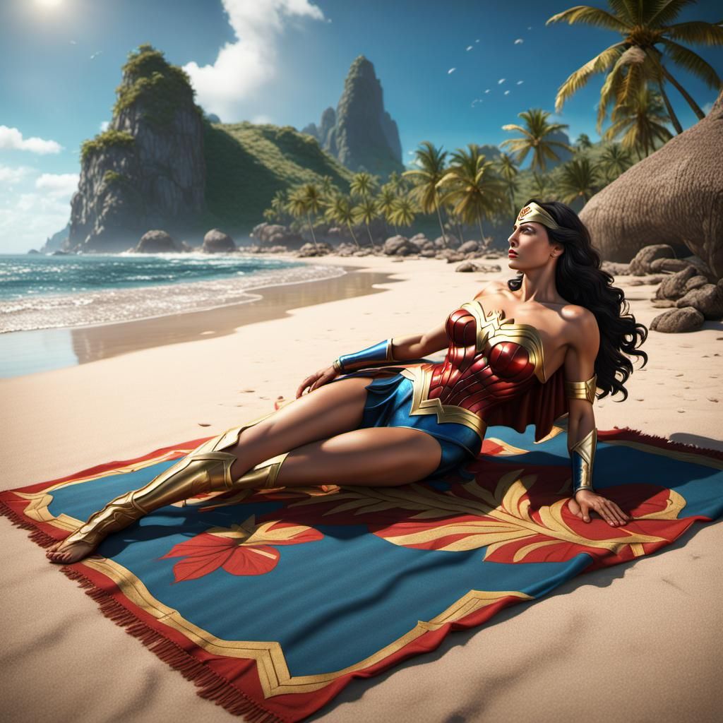 Wonder woman lying on a blanket at a tropical beach sunbathing looking up at the sky detailed matte painting, deep color...