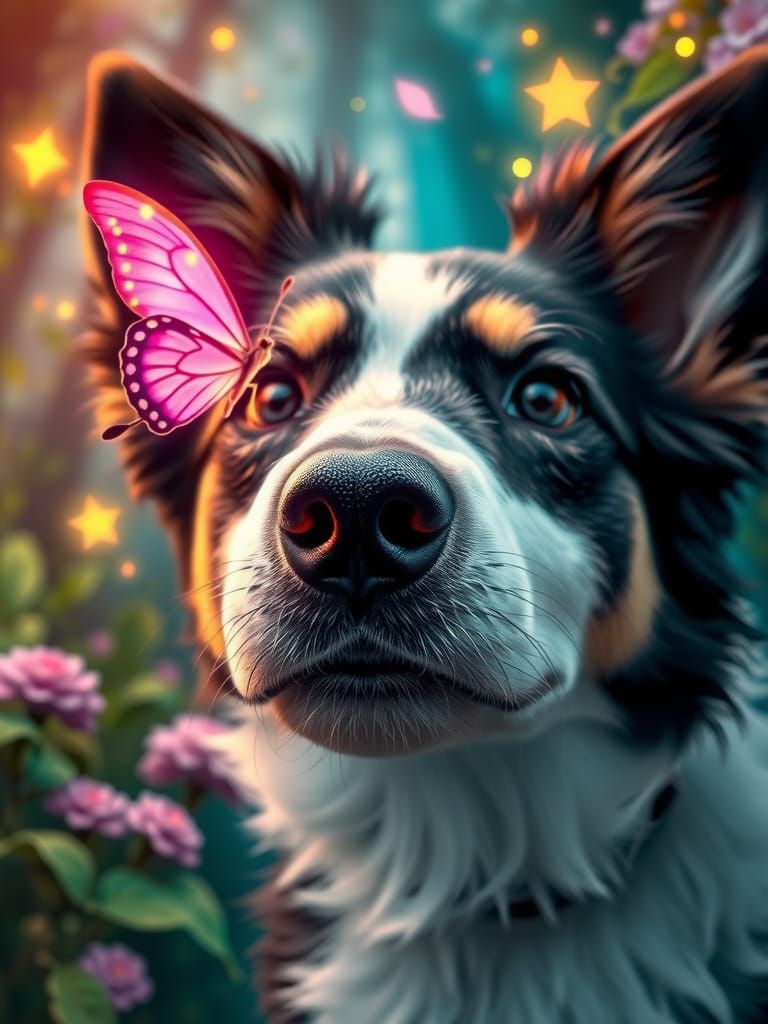 Border Collie Portrait with Butterfly, Digital Illustration