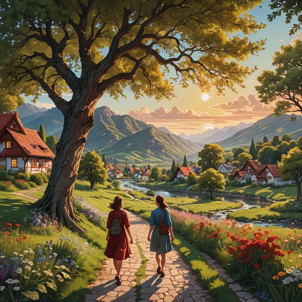 Riverside Village Path at Sunset: Hyperrealistic Splash Art