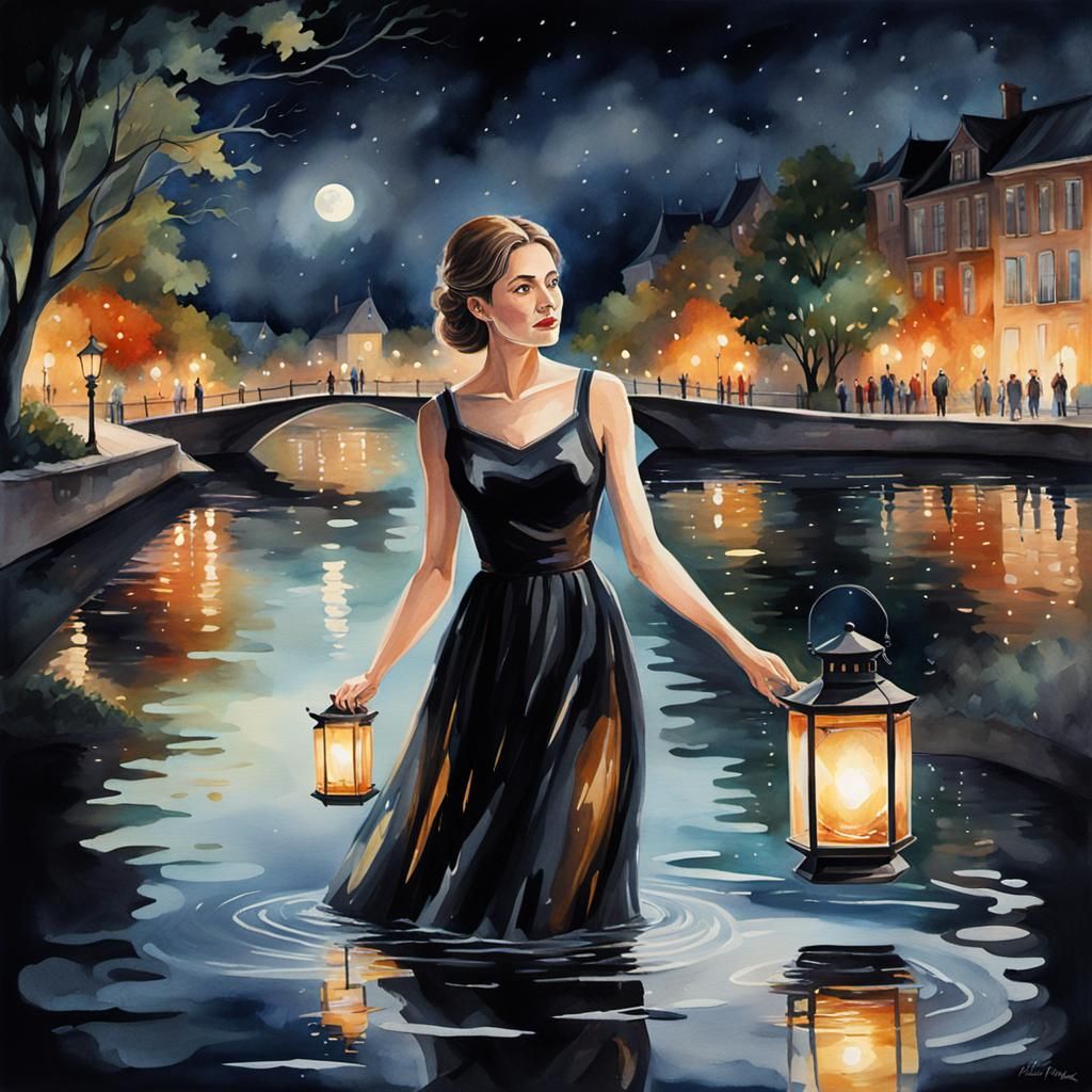 Elegant Woman with Lantern: Dark Watercolor Art