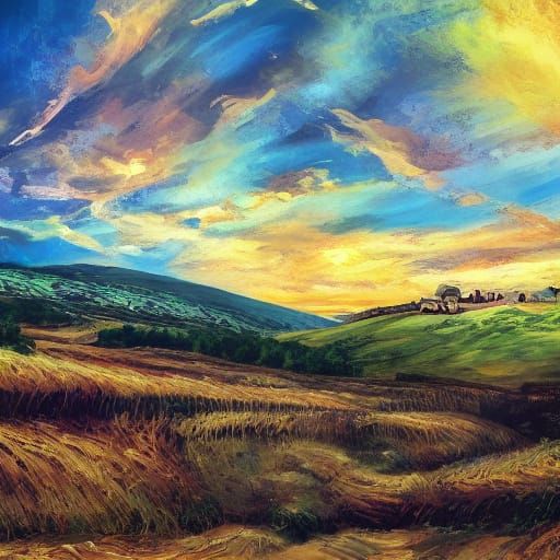 Golden Hour Farm in Grungy Oil Painting Style