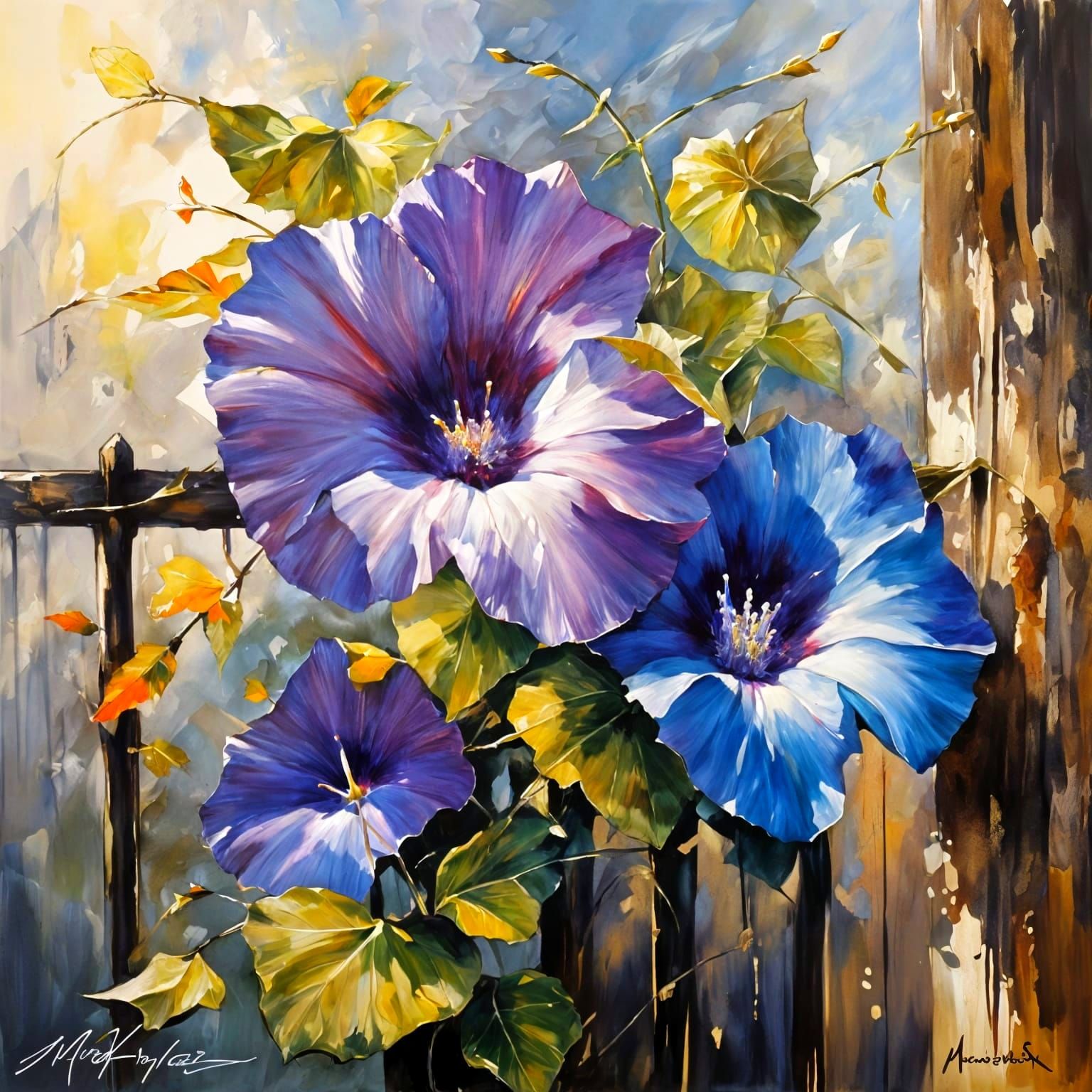 Morning Glory Vine and Cardinal at Sunrise