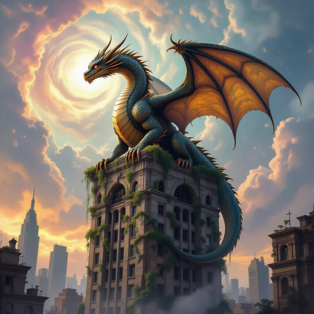 Ancient Dragon on Ruined Skyscraper in Cosmic Nebula