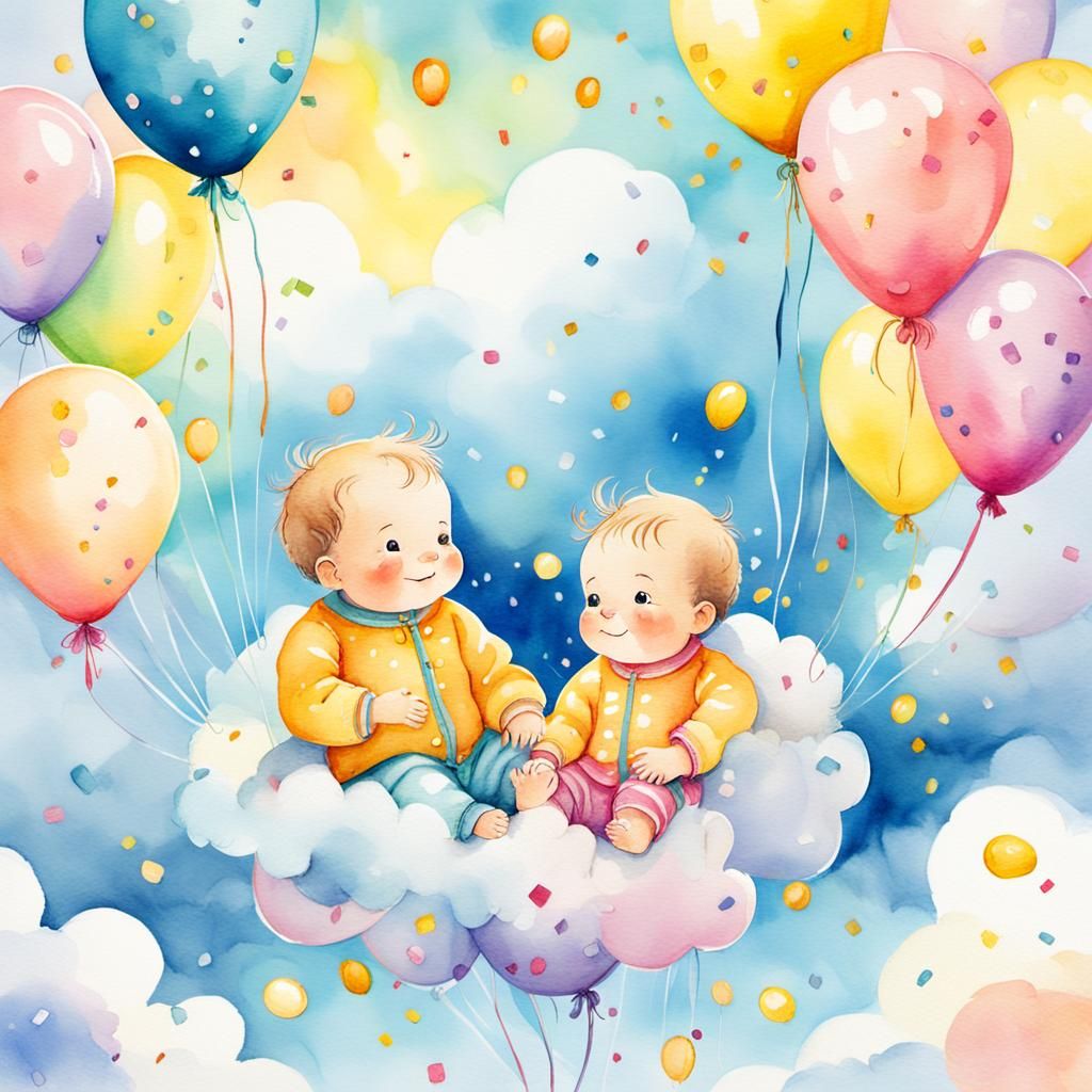Babies in Balloon, Whimsical Watercolor Illustration