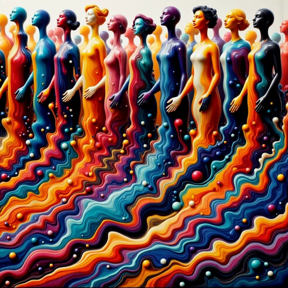 Vibrant Human Mosaic in Acrylic Pouring Style