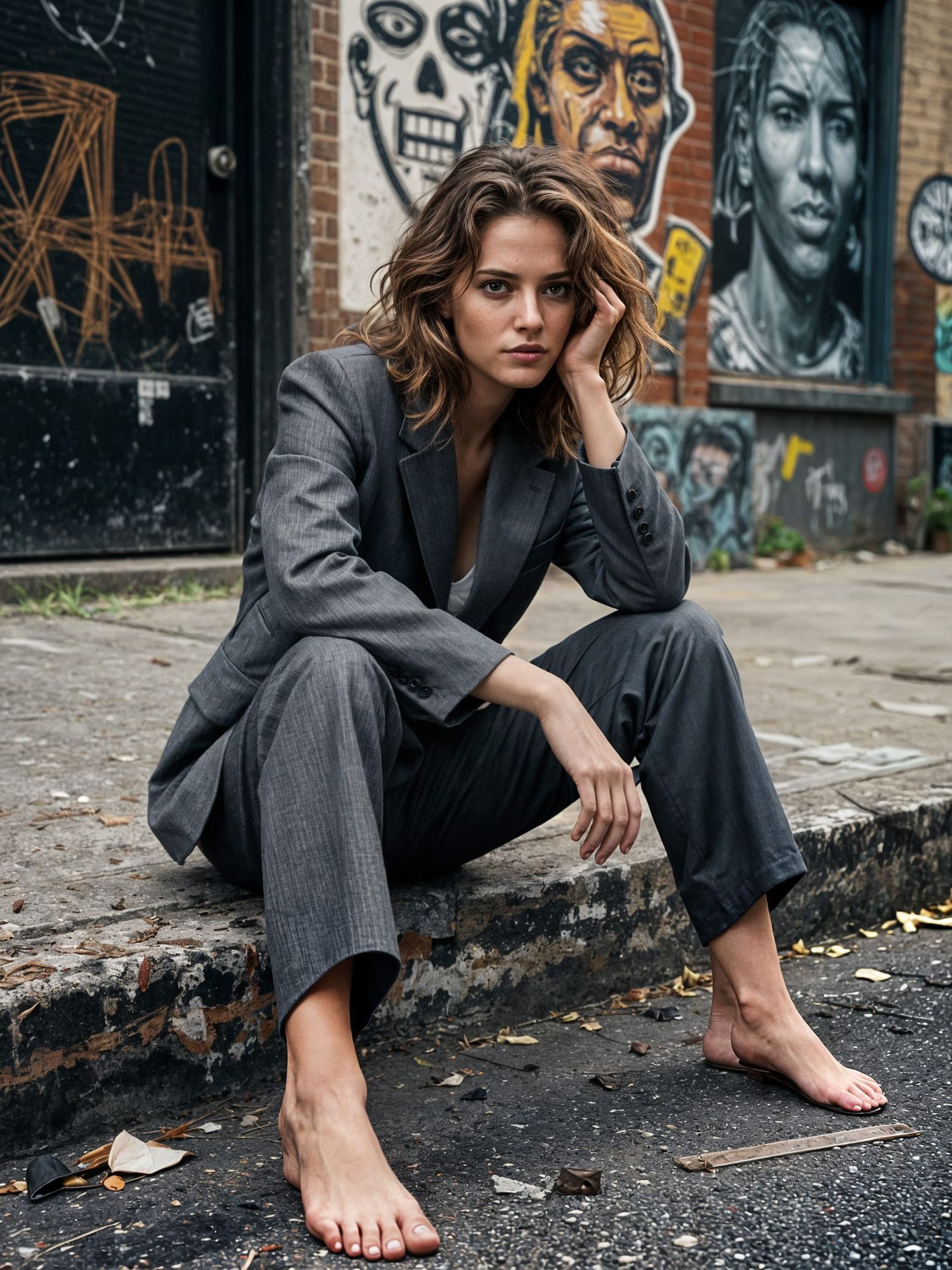 Model in Pantsuit Sits Defiantly on Curb