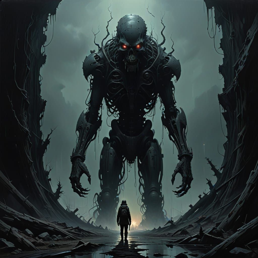 Figure Contemplates Cosmic Horror at the Abyss's Edge