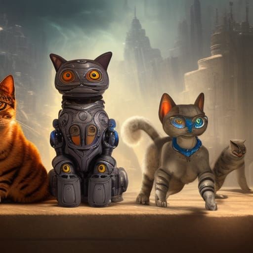 Robotic Cat Surrounded by Real Cats: Digital Painting