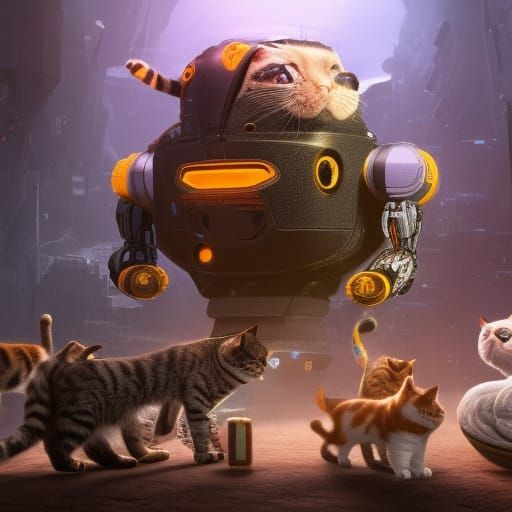 Robotic Cat Surrounded by Real Cats: Detailed Matte Painting