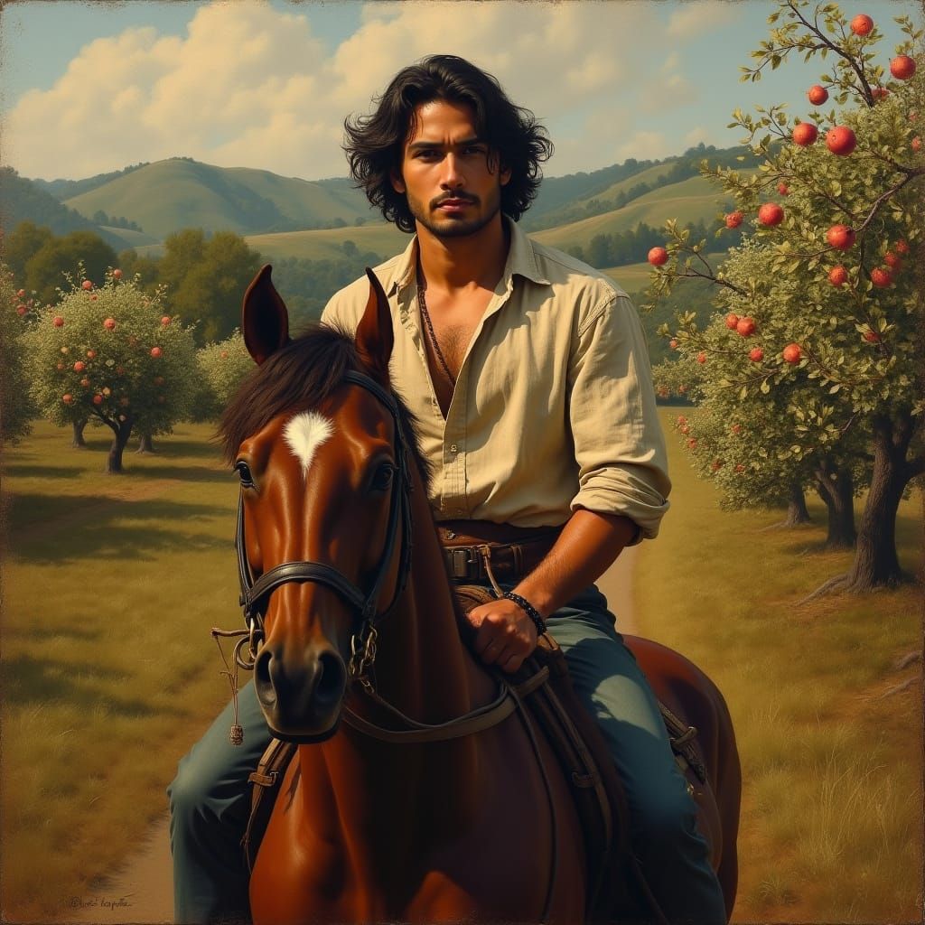 Handsome Latino Man Rides Horse in Rembrandt Style