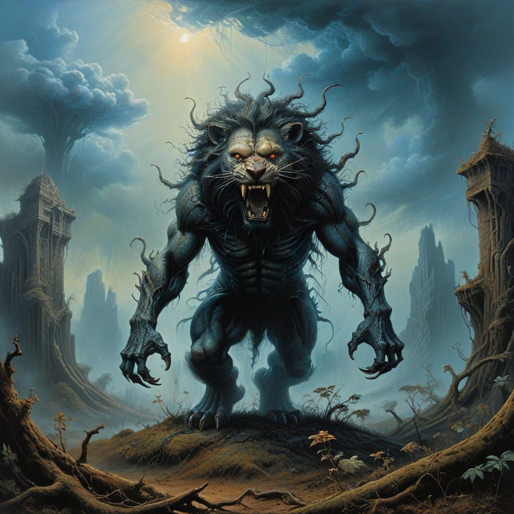 Majestic Mountain Range Unfolds with Regal Lions and Falling...