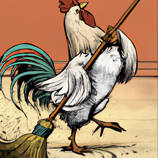 Chicken Sweeping Floor in Comic Book Art Style