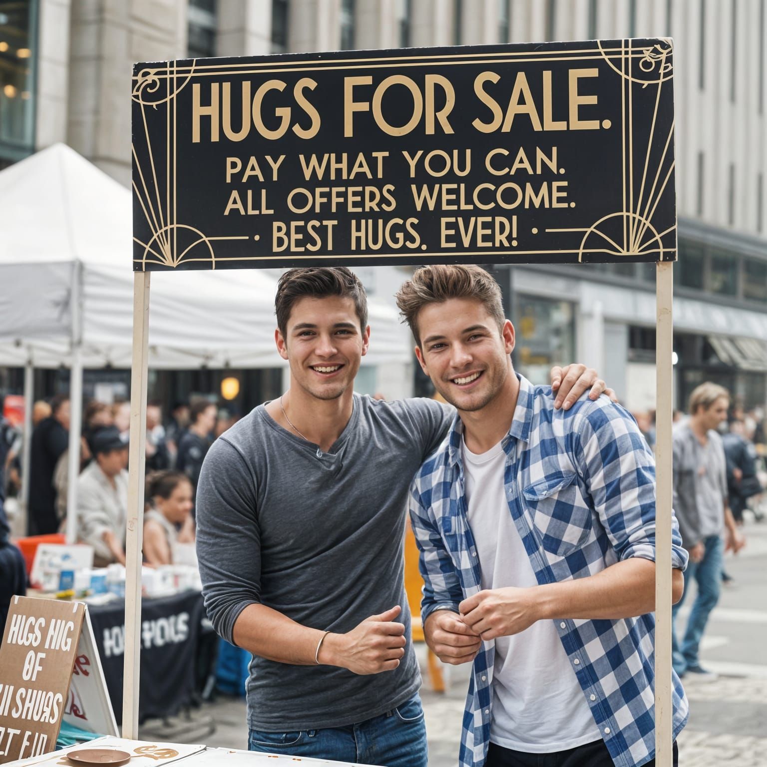 Friendly Hug Sellers in a Bustling Street Scene