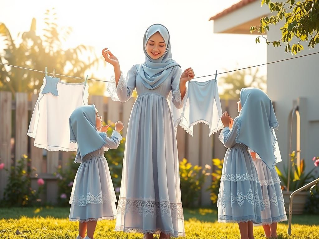A Muslim Mother and Her Daughters in a Serene Afternoon Scen...