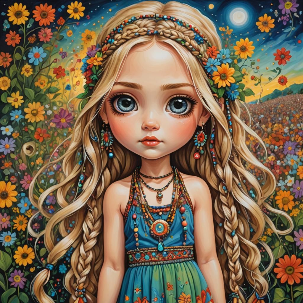Chibi Hippie Girl at Woodstock as Oil Painting