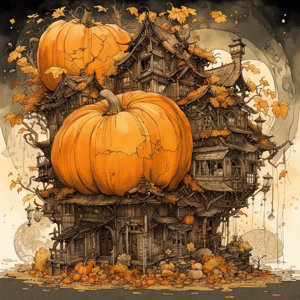 Ornate Pumpkin House in Solarpunk Gothic Style