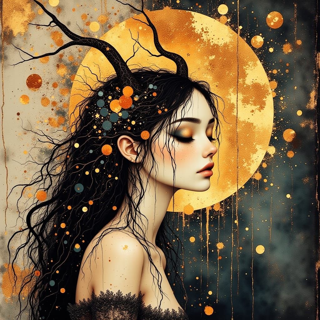 Enchanted Forest Goddess in Antique Watercolor Style