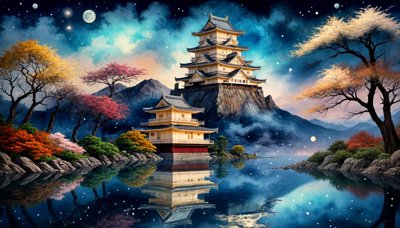 Japanese Castle Under Starlit Sky in Sfumato Style