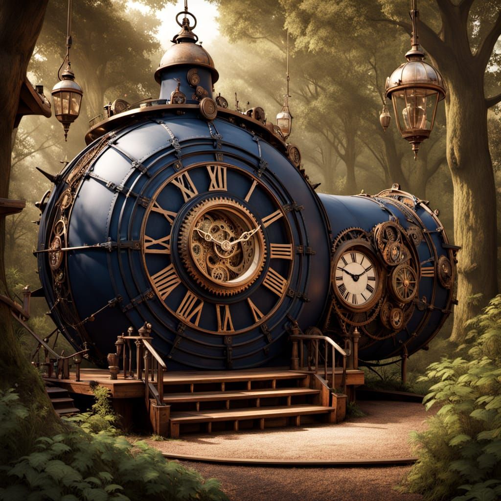 Steampunk Campsite Under Moonlit Forest Canopy