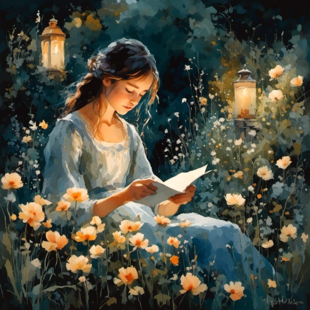 Girl Reads Letter in Candlelight Garden
