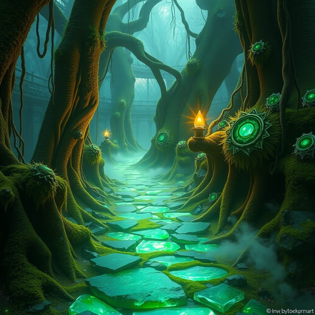 Surreal Crystal Pathway Unfolds in a Fantasy Forest