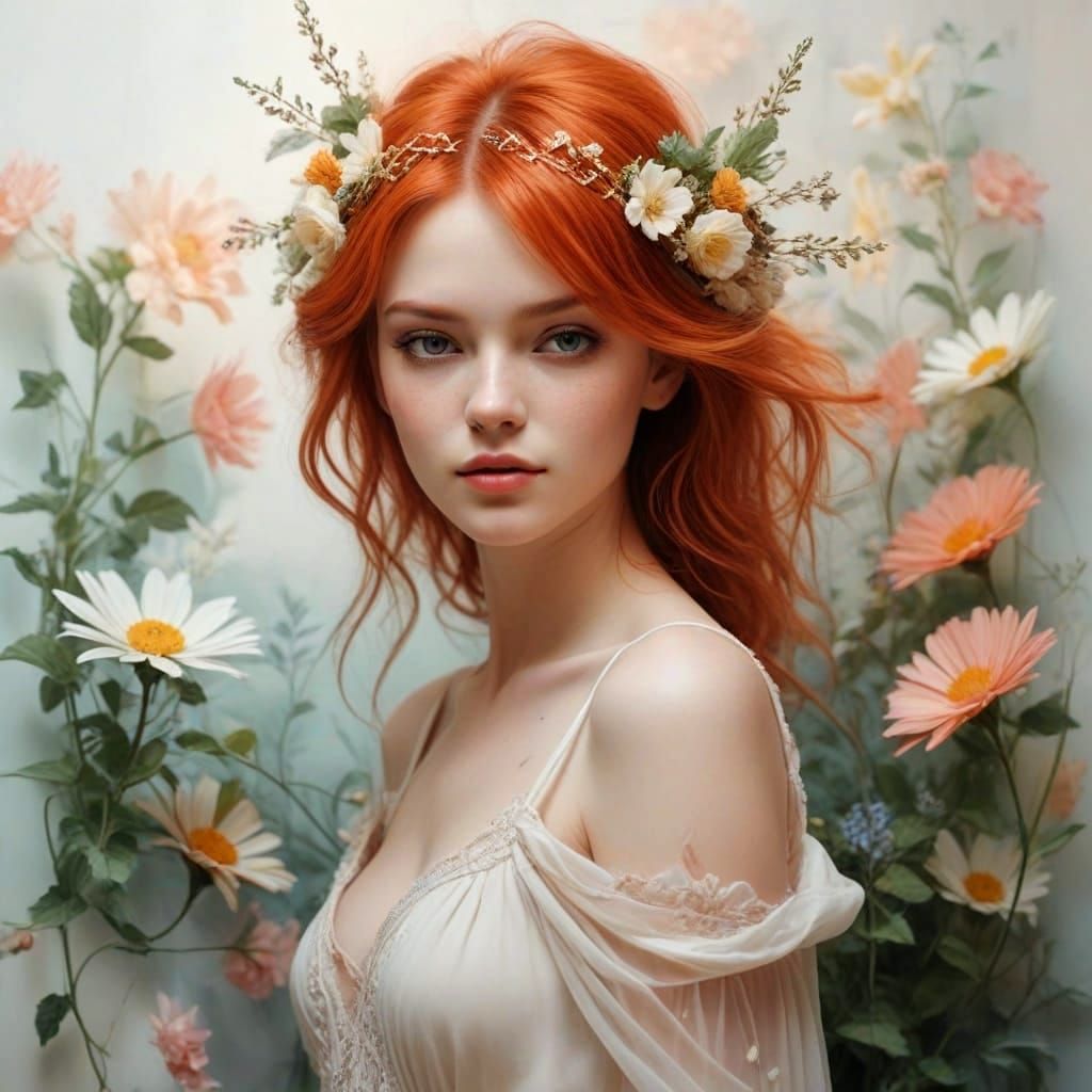 Serene Red-Haired Beauty in Ethereal Floral Wonderland