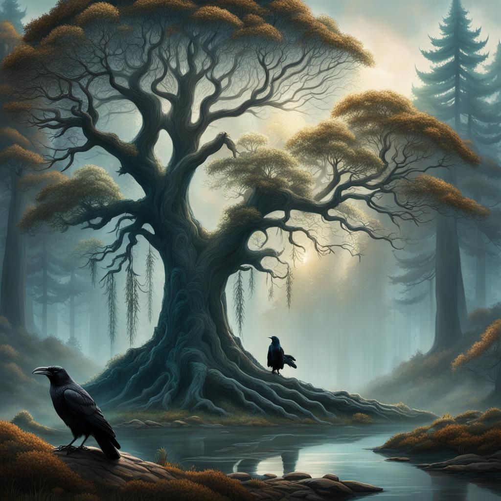 Majestic Tree of Life with Raven in Symbolist Art