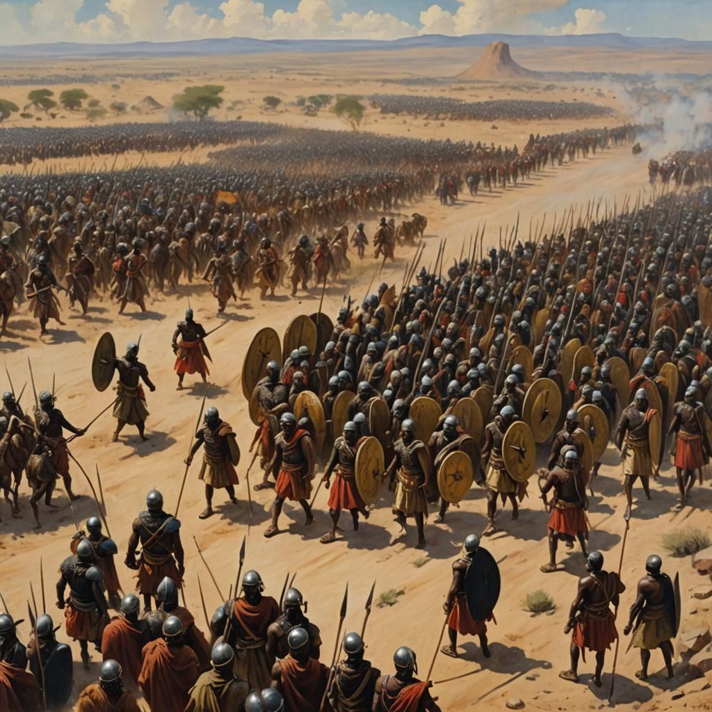 African Warriors Confront Encampment: Oil Painting