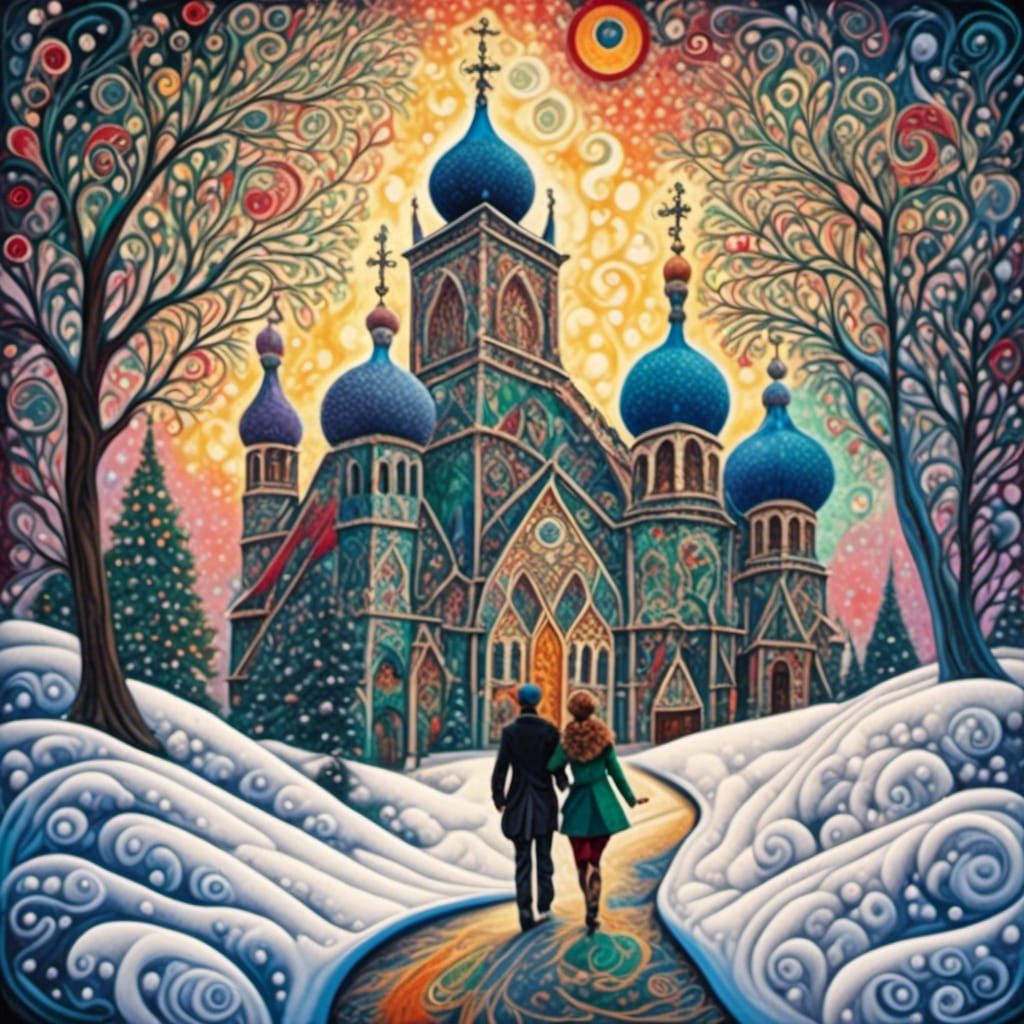 Ethereal Winter Church Scene in Vibrant Colors