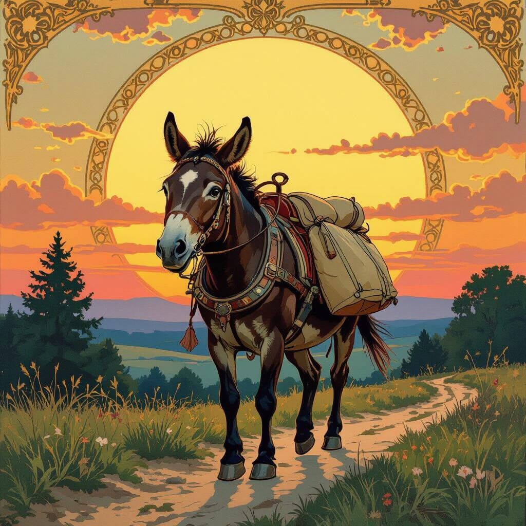 Donkey Throws Burdens, Trots Towards Sunset, Art Nouveau