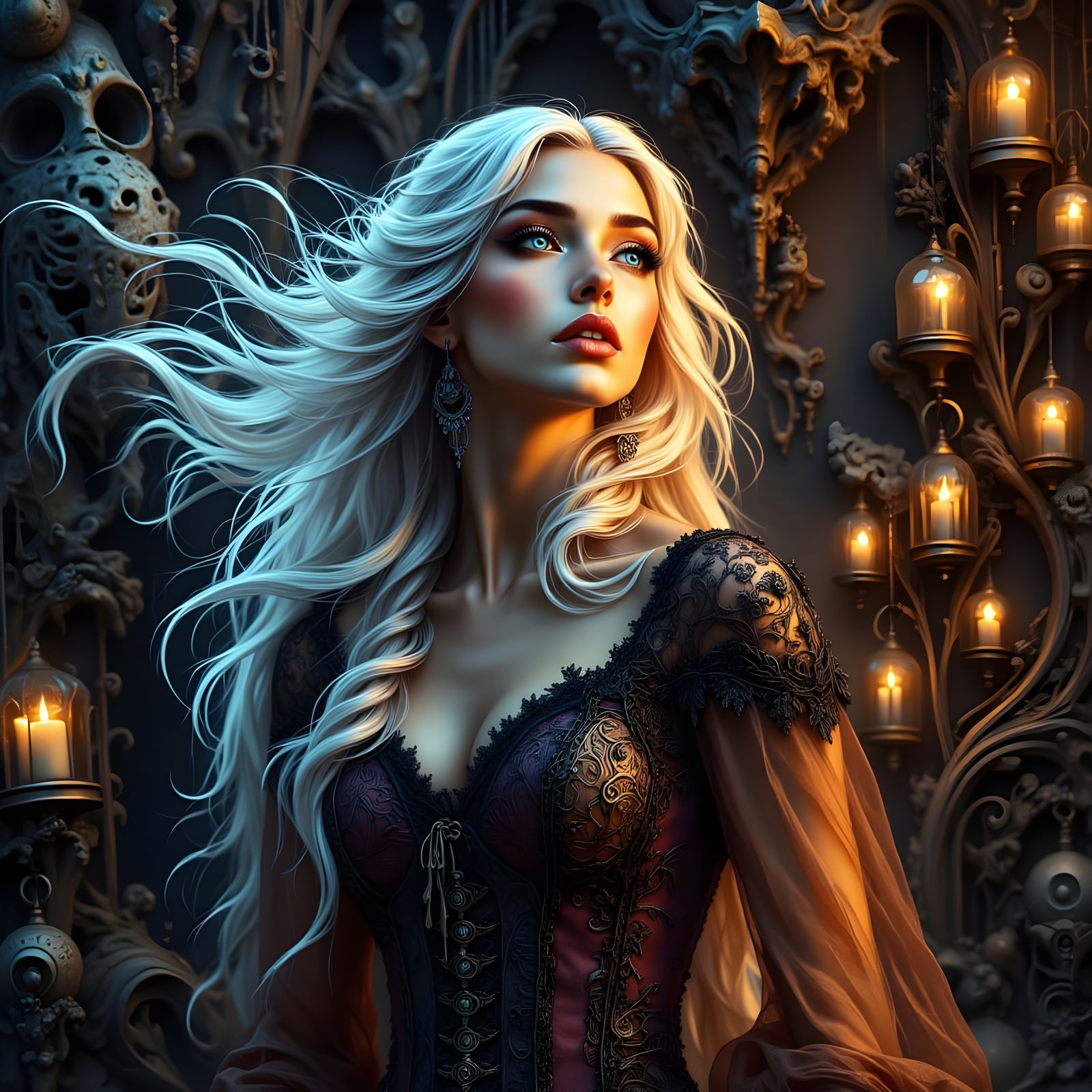 Beautiful Woman Embracing Death in Ethereal Painting Style